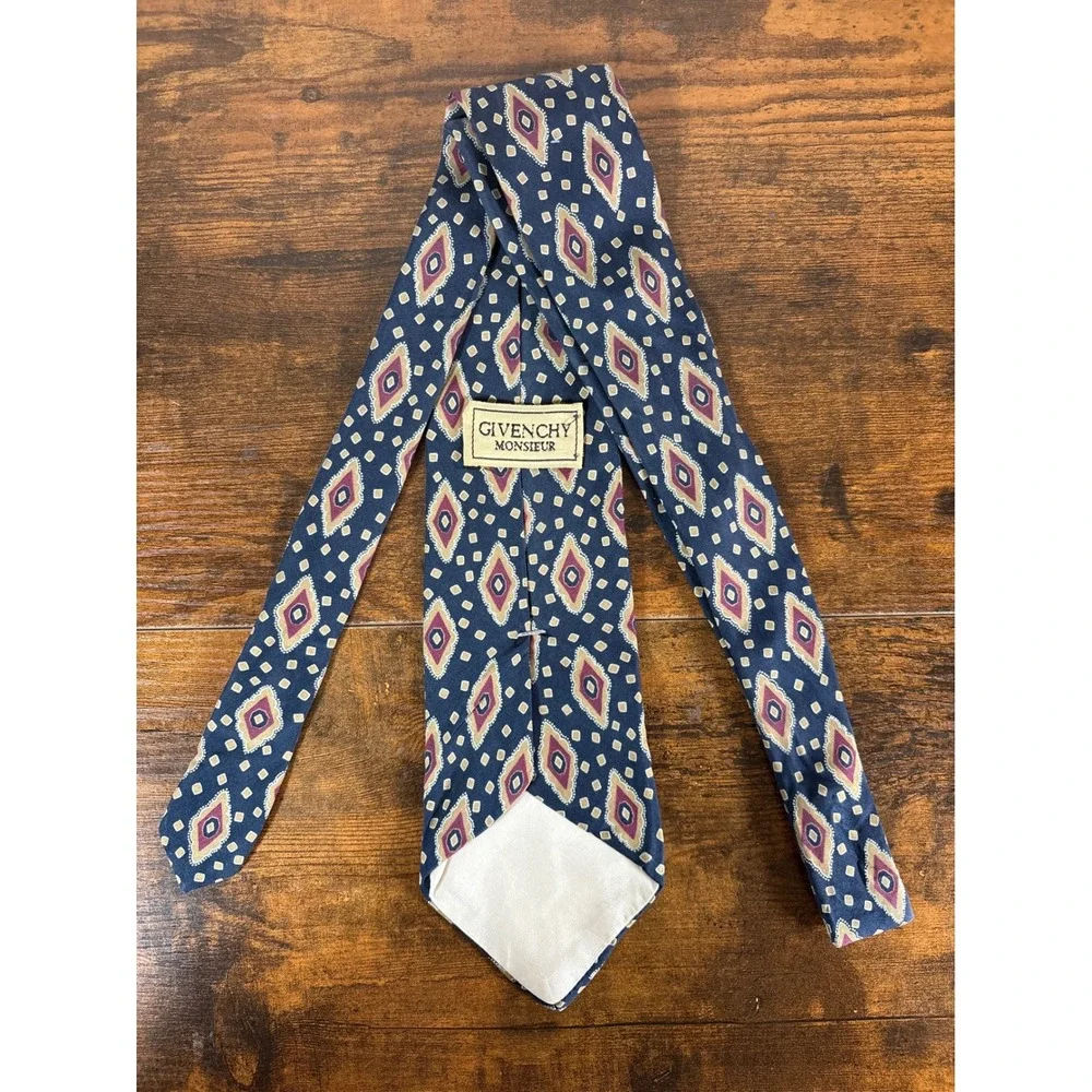 Givenchy Monsieur Mens Silk Tie Navy Blue Burgundy Geometric Diamond Made Italy